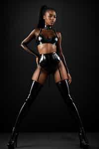 woman wearing (Smoky Black transparent Latex top), (Smoky Black transparent Latex stockings), (Smoky Black transparent Latex high waist panties) and (transparent high heels). hair in a tight ponytail.