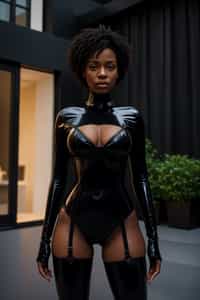 a woman wearing sexy (pvc latex lingerie) standing in front of luxury design villa
