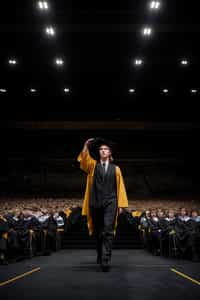 a graduate man in their academic gown and mortarboard, walking across the stage to receive their diploma, capturing the moment of recognition and accomplishment