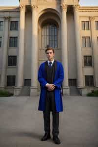 a graduate man in their academic regalia, standing in front of their university building, representing the pride and connection to their alma mater