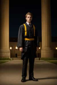 a graduate man in their academic regalia, standing in front of their university building, representing the pride and connection to their alma mater