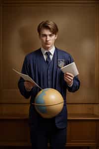 a graduate man in their academic regalia, holding a globe or a map, representing their global perspective and aspirations for making an impact in the world