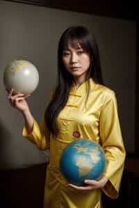 a graduate woman in their academic regalia, holding a globe or a map, representing their global perspective and aspirations for making an impact in the world