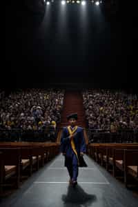a graduate man in their academic gown and mortarboard, walking across the stage to receive their diploma, capturing the moment of recognition and accomplishment