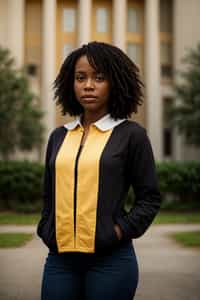 a graduate woman in their academic regalia, standing in front of their university building, representing the pride and connection to their alma mater