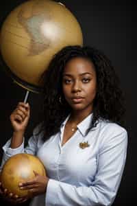 a graduate woman in their academic regalia, holding a globe or a map, representing their global perspective and aspirations for making an impact in the world