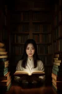woman surrounded by books or sacred texts, engaged in deep study and contemplation, seeking wisdom and spiritual knowledge