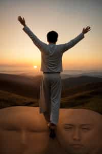 a spiritual seeker man standing with outstretched arms, embracing the beauty of the sunrise or sunset, symbolizing gratitude and reverence for the universe
