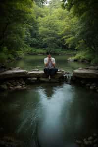 man in deep contemplation, sitting by a tranquil lake or flowing river, capturing the introspective and reflective nature of spirituality