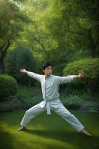 man practicing Tai Chi or Qigong in a serene garden or open space, capturing the flowing movements and the cultivation of energy and vitality