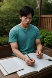 man engaging in a mindfulness practice such as journaling, painting, or gardening, cultivating inner stillness and creativity