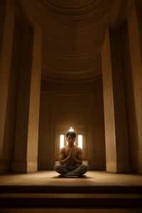 man in a serene temple or sacred space, engaged in prayer or meditation, connecting with the divine and the sacred