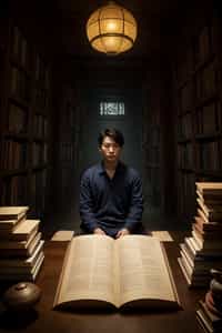 man surrounded by books or sacred texts, engaged in deep study and contemplation, seeking wisdom and spiritual knowledge