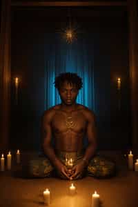 man in a serene indoor space, surrounded by candles, crystals, and sacred symbols, creating a sacred sanctuary for reflection and meditation