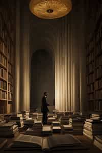 man surrounded by books or sacred texts, engaged in deep study and contemplation, seeking wisdom and spiritual knowledge