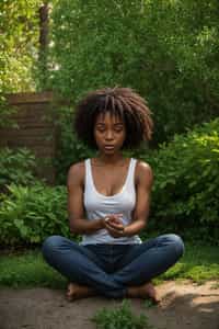 woman engaging in a mindfulness practice such as journaling, painting, or gardening, cultivating inner stillness and creativity
