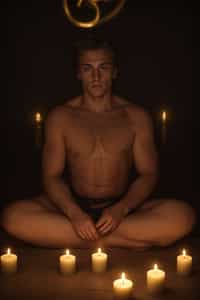 man practicing mindfulness and being fully present in the moment, surrounded by candles or incense, creating an atmosphere of tranquility and inner peace