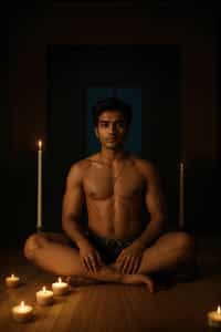 man practicing mindfulness and being fully present in the moment, surrounded by candles or incense, creating an atmosphere of tranquility and inner peace
