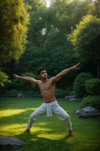 man practicing Tai Chi or Qigong in a serene garden or open space, capturing the flowing movements and the cultivation of energy and vitality