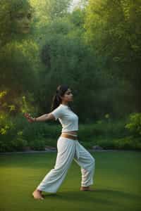 woman practicing Tai Chi or Qigong in a serene garden or open space, capturing the flowing movements and the cultivation of energy and vitality