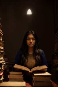 woman surrounded by books or sacred texts, engaged in deep study and contemplation, seeking wisdom and spiritual knowledge