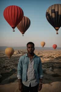 Breathtakingly man with hot air balloons in the background in cappadocia, Türkiye. Cappadocia, Turkey