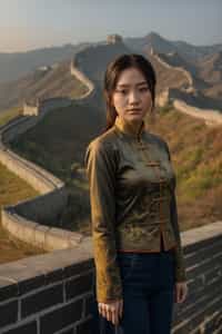 smiling woman in Beijing with the Great Wall in the background