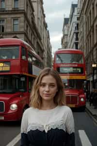 smiling woman in London with Double Decker Bus in background