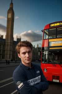 smiling man in London with Double Decker Bus in background