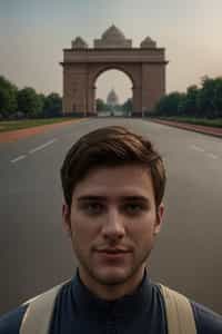 smiling man in Delhi with the India Gate in the background