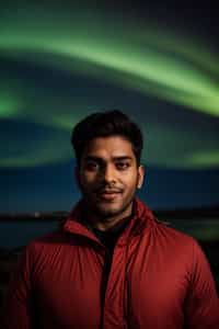smiling man in Reykjavik with the Northern Lights in the background