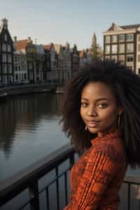 smiling woman in Amsterdam with the Amsterdam Canals in background