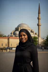 smiling woman in Istanbul with The Mosque in background