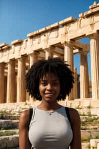 smiling woman in Athens with the Acropolis in the background