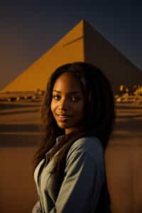 smiling woman in Cairo with the Pyramids of Giza in the background