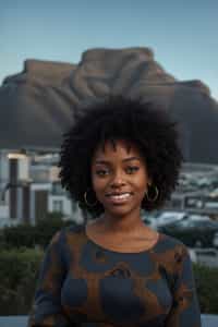 smiling woman in Cape Town with the Table Mountain in the background