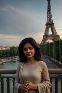 smiling woman in Paris with the Eiffel Tower in background