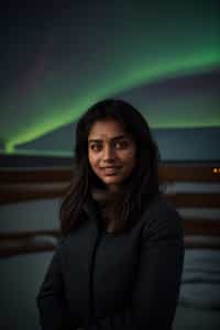 smiling woman in Reykjavik with the Northern Lights in the background