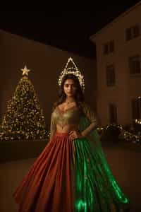 woman at Christmas dinner wearing Christmas style clothes. Christmas tree in background. Christmas lights