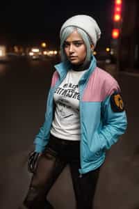 full body of a street punk woman student, blue eyes, bubble jacket, hat, white hair by atey ghailan, by greg rutkowski, by greg tocchini, by james gilleard, by joe fenton, by kaethe butcher, gradient pink, black, brown and light blue color scheme, grunge aesthetic
