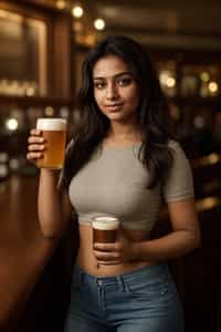smiling woman in a busy bar drinking beer. holding an intact pint glass mug of beer