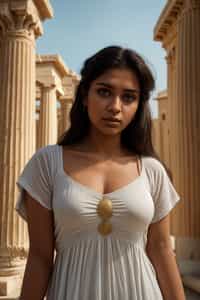 woman as Ancient Greek philosopher in 500 B.C., Ancient Roman white clean new temple in background