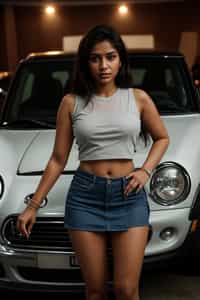 woman  wearing mini skirt posing in front of a sports car