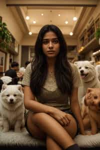 woman in a Dog Cafe with many cute Samoyed and Golden Retriever dogs