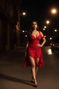 woman in red  dress showing cleavage walking on the curb in black  high heels