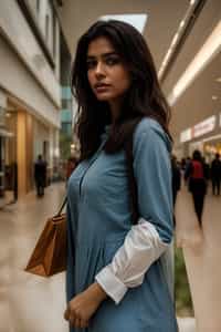woman walking in a shopping mall, holding shopping bags. shops in background
