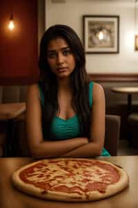 woman sitting in a restaurant eating a large pizza