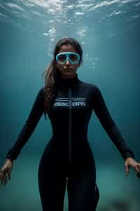 woman as a scuba diver wearing diving goggles and wearing a wetsuit