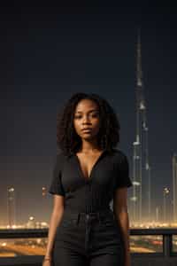 woman standing in front of city skyline viewpoint in Dubai with city skyline in background