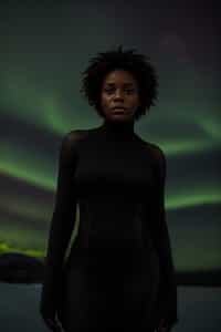 woman at night at the Northern Lights Aurora Borealis